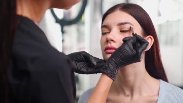 Вечный мастер макияжа готовит женщину-клиента к процедуре микролезвия бровей — стоковое видео