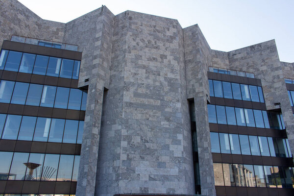 Modern exterior building architecture of the Mainz city hall building at Jockel-Fuchs-Platz, in Mainz, Germany