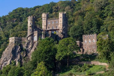 Rheinstein Şatosu Trechtingshausen, Almanya yakınlarındaki Ren Nehri 'nin ortasında.