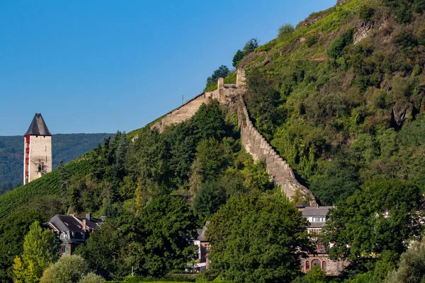 Paisagem Majestoso Muro Pedra Alto Médio Rio Reno Perto Bacharach — Fotografia de Stock