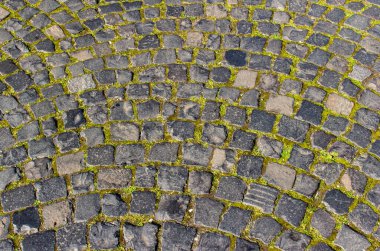 Gri renkli Avrupa kaldırım taşı yürüyüş yüzeyinin tam çerçeve dokusu