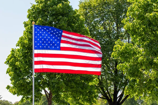 Close up, low angle view of an American flag in an outdoor setting with trees and blue sky and with a light breeze