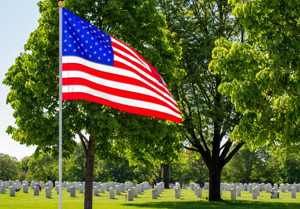 Close up view of an American flag in an outdoor setting with trees and blue sky surround, and with a light breeze