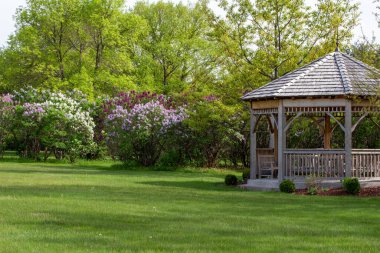 Landscape view of a  wooden gazebo in an ornamental botanical garden surrounded with green grass and shrubbery