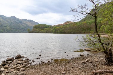 Scenic landscape view of the rocky shore of Loch Lomond in Scotland