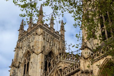 Close up exterior front view of The Cathedral and Metropolitical Church of Saint Peter, commonly called York Minster, in the city of York, North Yorkshire, England