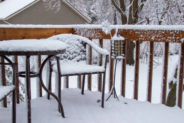 Close View Outdoor Wooden Deck Table Chairs Covered Thick Snow — Stock Photo, Image