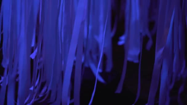 Pita Putih Bergoyang Dalam Angin Dalam Cahaya Neon Biru Pada — Stok Video