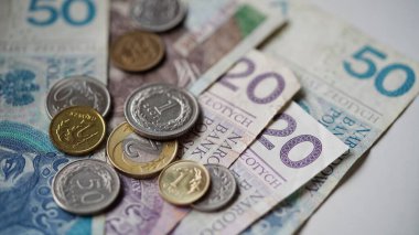 Beyaz arka planda zloti banknotları ve madeni paraların yakın plan fotoğrafı, Polonya parası. Başka bir ülkede döviz kuru kavramı. Seçici odak