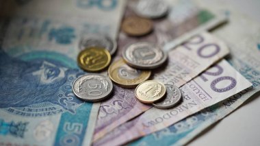Beyaz arka planda zloti banknotları ve madeni paraların yakın plan fotoğrafı, Polonya parası. Başka bir ülkede döviz kuru kavramı. Seçici odak