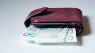Mor bir cüzdanın yakın çekimi, beyaz arka planda zloti banknotları, Polonya parası. Başka bir ülkede döviz kuru kavramı. Seçici odak