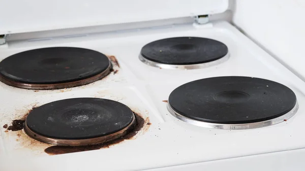 Close Dirty Stove Leftover Food Dirty Gas Stove Grease Stains 스톡 이미지