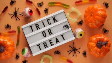 Kabaklar, kazanlar, çömlekler, solucanlar, çeneler, örümcekler, göz şeklindeki şekerler ve turuncu arka planda TRICK veya TreAT yazılı bir metin tahtası, üst görünüm. Cadılar Bayramı partisi için eşya koleksiyonu.
