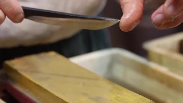 Master Swordsmith Sharpening Knife Grindstone Water — Αρχείο Βίντεο
