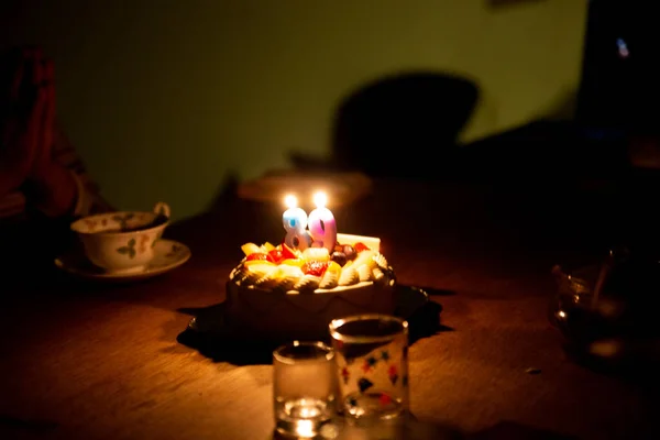 Candles Shape Lit 89Th Birthday Cake — стоковое фото