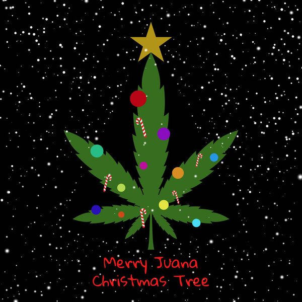 Merry juana christmas and happy new year. Cannabis leaves decorated with christmas ornaments, isolated on background. White snowflakes on a black background. Vector illustration.