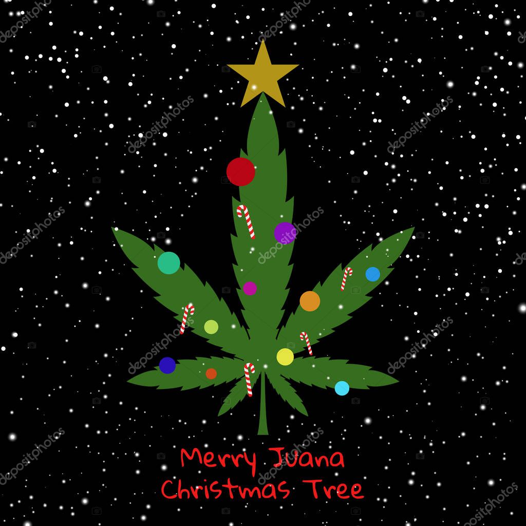 Merry juana christmas and happy new year. Cannabis leaves decorated with christmas ornaments, isolated on background. White snowflakes on a black background. Vector illustration.