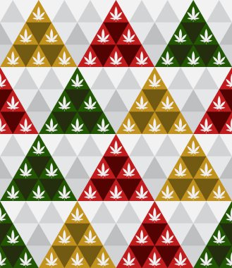 Üçgen geometrik şekiller. Yeşil, kırmızı, sarı, beyaz. Kusursuz noel marihuana yaprağı deseni. Kumaş, fayans, kapak, poster, duvar için doku tasarımı. Vektör illüstrasyonu.