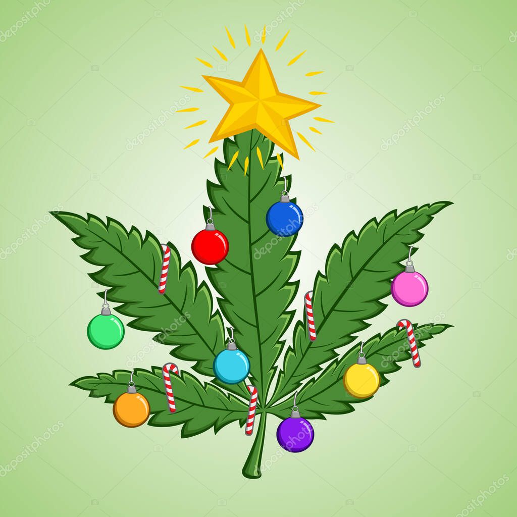Christmas marijuana leaves. Decorate with colorful christmas decorations. Isolated on a white gradient faded green background. Vector illustration.