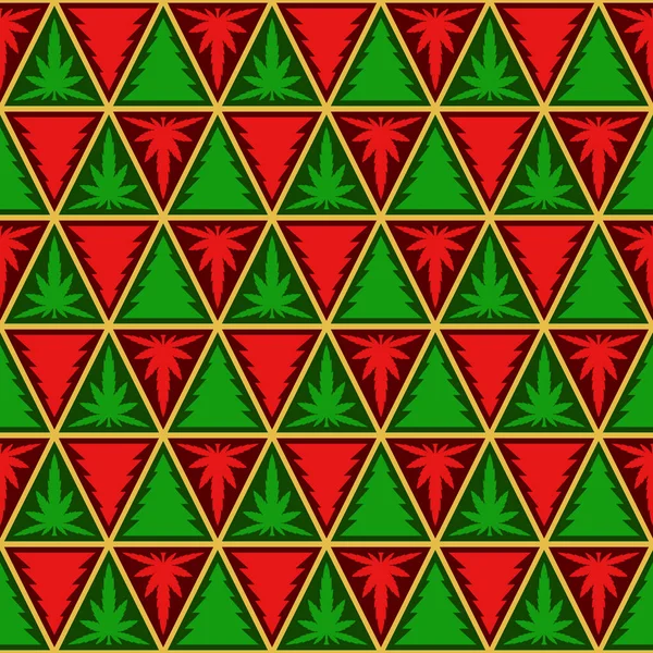 圣诞树图案和大麻叶子 金黄色三角形几何形状 无缝隙的抽象背景 招贴画 墙体的结构设计 矢量说明 — 图库矢量图片
