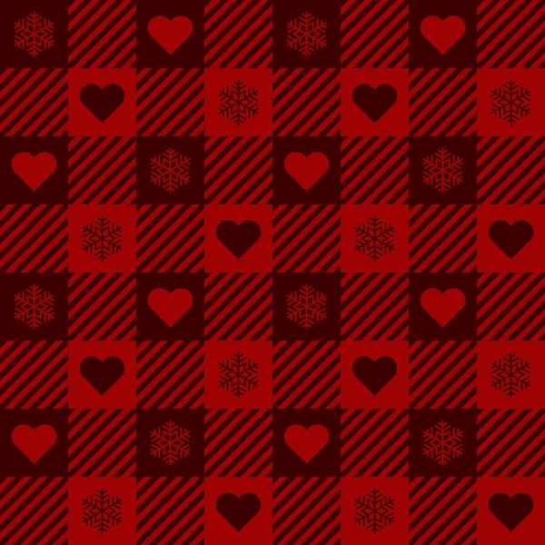 Saumaton Punainen Tartaanin Taustakuvio Abstraktit Muodot Sydämet Järjestetty Vuorotellen Lumihiutaleita — vektorikuva