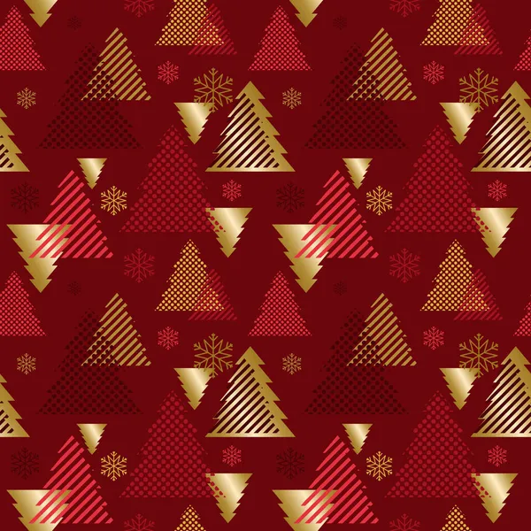 クリスマスツリーパターンと赤金の雪片 抽象的な背景をシームレスに 生地パターン タイル カード ギフト包装紙 カバー ポスター 壁のためのテクスチャデザイン ベクターイラスト — ストックベクタ