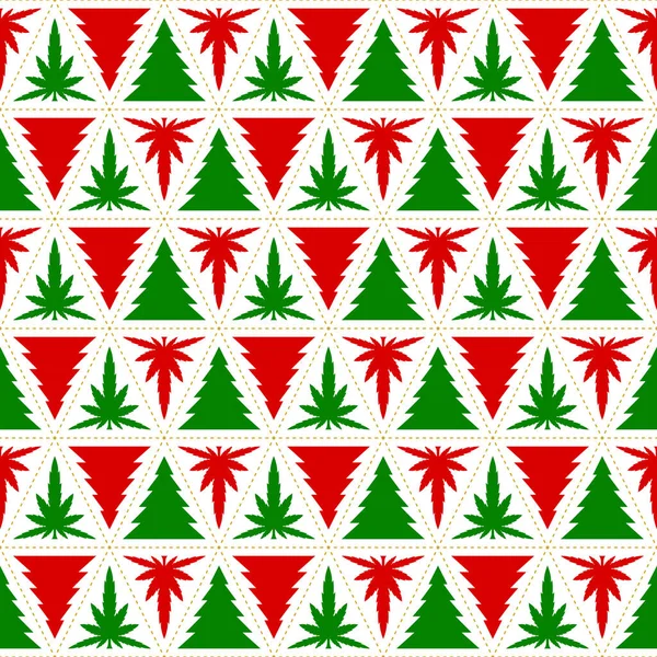 Patrón Hojas Marihuana Árbol Navidad Verde Rojo Formas Geométricas Triángulo — Archivo Imágenes Vectoriales