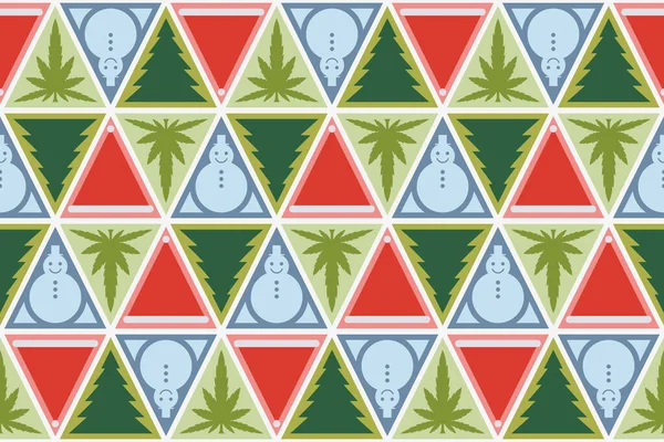 Julklappsmönster Julgranar Snögubbar Och Marijuanablad Triangel Geometriska Former Sömlös Abstrakt — Stock vektor