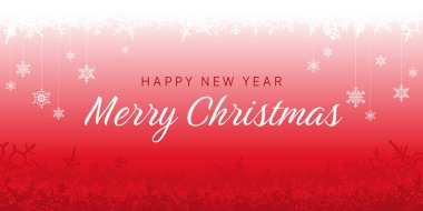Banner mutlu yıllar ve mutlu noeller. Soyut arkaplan deseni beyaz ve kırmızı kar taneleri. Arkaplan, duvar kağıdı, duvar, kart, kapak, poster tasarımı. Vektör illüstrasyonu.