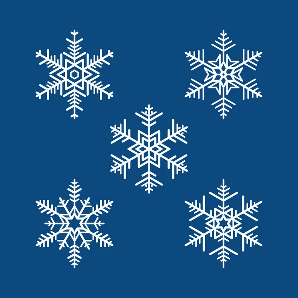 Set Five White Snowflake Icons Collection Dark Blue Abstract Background — Stock Vector