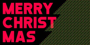 Kırmızı tipografi, mutlu noeller bayrağı. Benekli Noel ağacı deseni. Yeşil, sarı ve turuncu. Kart, kapak, poster, arkaplan, el ilanı, duvar için arka plan tasarımı. Vektör illüstrasyonu.