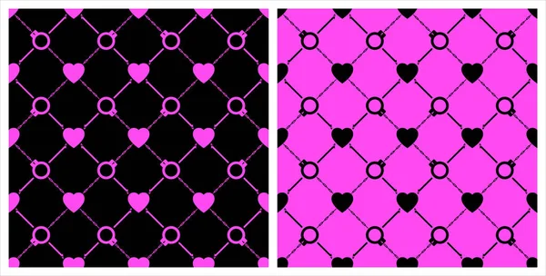 Seamless Background Pattern Mesh Fence Chains Candle Pink Black Heart — Vettoriale Stock