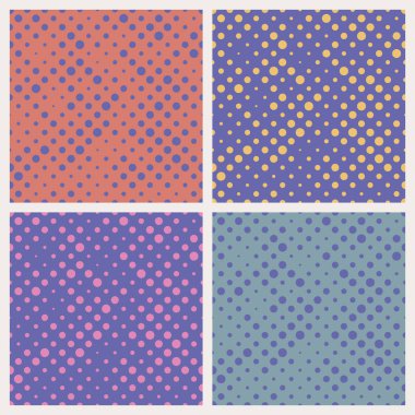 Kusursuz polka desenli arka plan seti. 2022 yılının renk trendi çok moda. Kumaş, fayans, afiş, şablon, kart, kapak, poster, fon, duvar için tasarım öğeleri. Vektör illüstrasyonu.