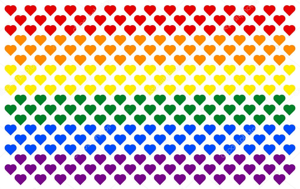 Gay and LGBTQIA pride flag. Homosexual valentine day concept. Rainbow color seamless heart shape background pattern. Design texture for fabric, banner, poster, backdrop, wall. Vector illustration.