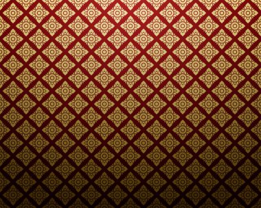 Damask tarzı Tayland sanat deseni. Kırmızı arka planlı lüks altın kare şekilli. Vektör illüstrasyonu.