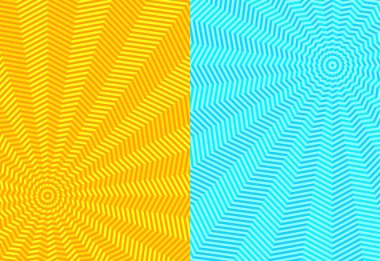 Soyut mavi ve sarı arkaplan deseni. Dairesel yarıçap illüzyonu köşeden uzanıyor. Yirmi köşeli yıldız geometrik şekilleri alternatif koyu ve açık renklerdir. Vektör illüstrasyonu.