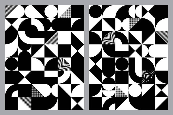 Abstract background pattern set. Bauhaus style art. Black and white geometric shapes. Vector illustration.