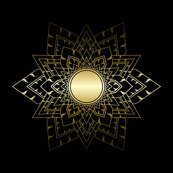 応用タイ美術様式の曼荼羅パターン 金色のグラデーション状の6点星の縞 暗い黒の背景 ベクターイラスト — ストックベクタ