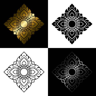 Traditional Thai art pattern set. Prajam Yam. Solid black and line art decorative design elements. Gradient gold and silver. Vector illustration.