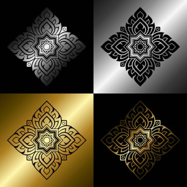 Traditional Thai art pattern set. Prajam Yam. Solid black and line art decorative design elements. Gradient gold and silver. Vector illustration.
