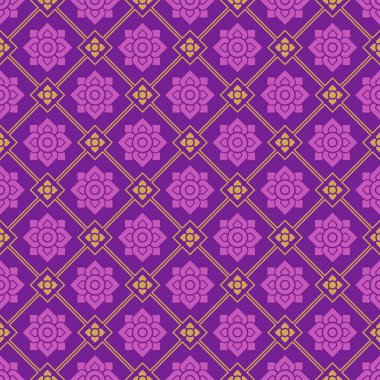 Kusursuz modern Tayland sanat modeli. Büyük ve küçük elmas şeklinde bir çiçek. Mor arka planda sarı çizgiler. Vektör illüstrasyonu.