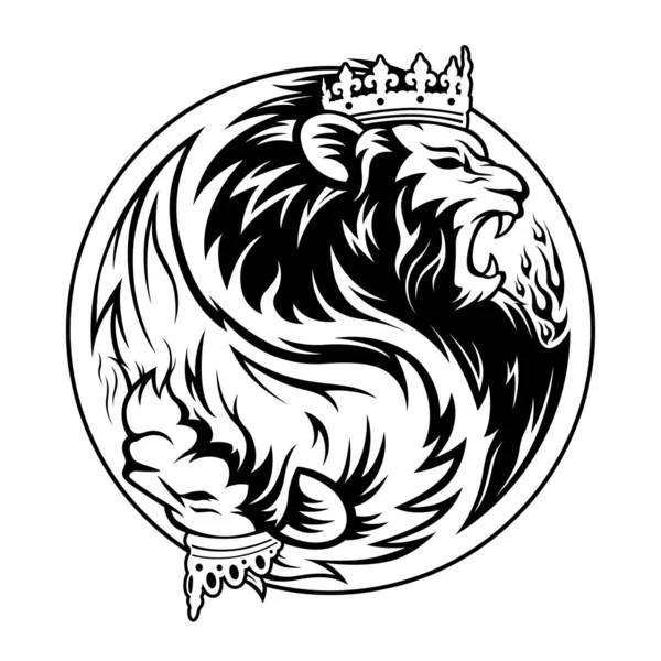 Yin Yang Sembolü Deseni Kral Kraliçe Aslan Başı Siyah Beyazdır — Stok Vektör