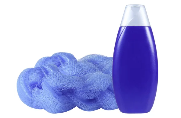 Пляшка Гелем Душу Або Шампунем Синьою Губкою Душу Ізольованому Білому — стокове фото