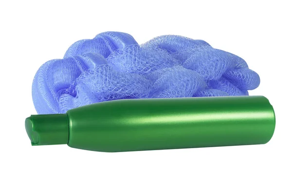 Зелена Пляшка Гелем Душу Синьою Губкою Душу Ізольованому Білому Тлі — стокове фото
