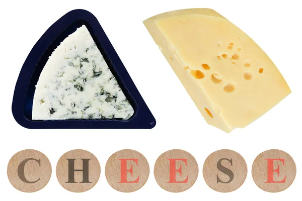 Gele Kaas Blauwe Kaas Een Geïsoleerde Witte Achtergrond Het Woord — Stockfoto
