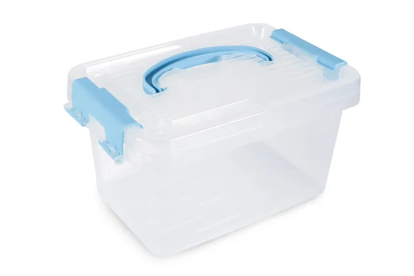 Aufbewahrungsbox Aus Kunststoff Mit Blauem Element Isoliert Auf Weiß Stockfoto