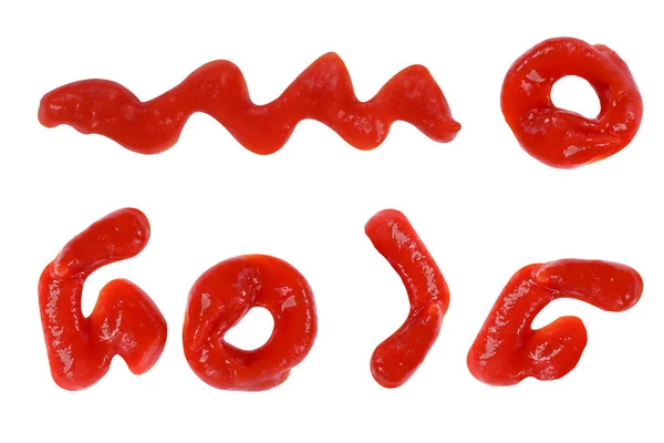 Zestaw Ketchup Kałuże Ketchup Rozprysków Izolowane Białym Tle — Zdjęcie stockowe