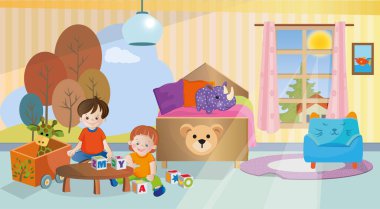 Oğlan ve kız çocuk odasında oynuyorlar.