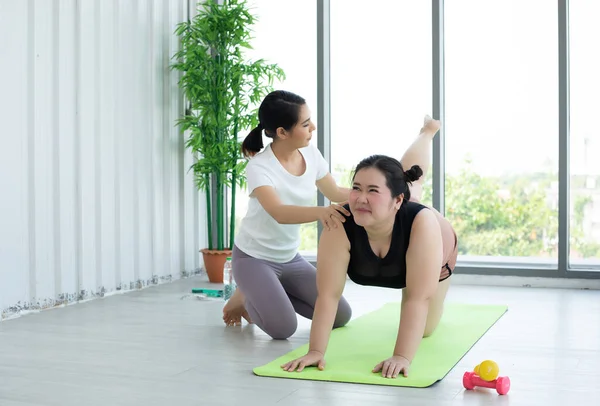 Zwei Asiatinnen Beobachten Und Lernen Yoga Übungen Online Auf Ihrem — Stockfoto
