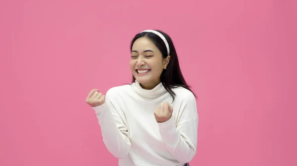 Asian Woman Smiling Giving Thumbs Joy Excitement — Fotografia de Stock